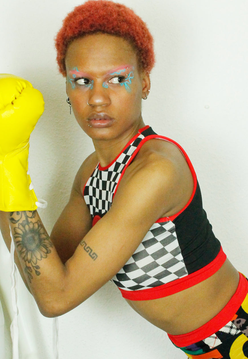 CHECKMATE black and white checkerboard sleeveless crop top with red lips