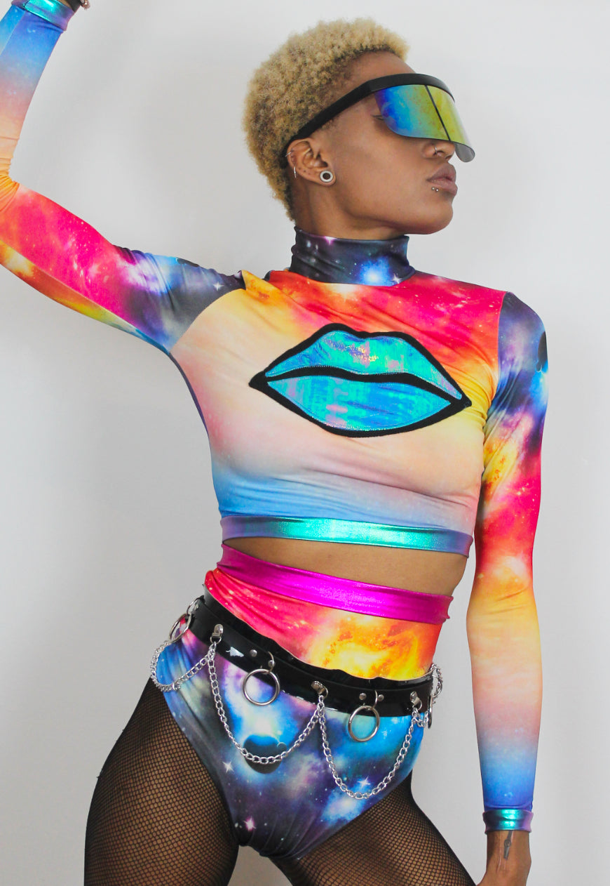 Galactic Kisses - long sleeve cosmic print crop top with iridescent lips.