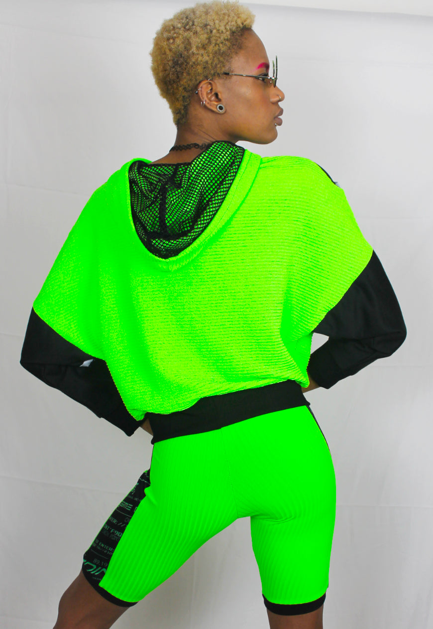 Cyberspace - Neon green Hooded top with Y2K printed panel and reflective piping