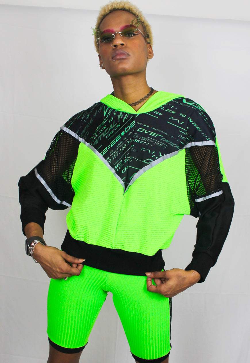 Cyberspace - Neon green Hooded top with Y2K printed panel and reflective piping