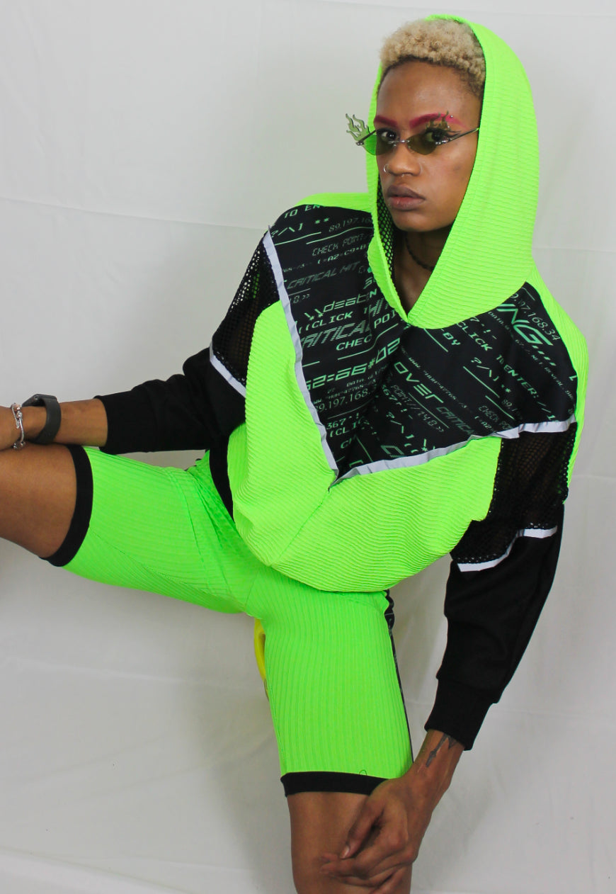 Cyberspace - Neon green Hooded top with Y2K printed panel and reflective piping
