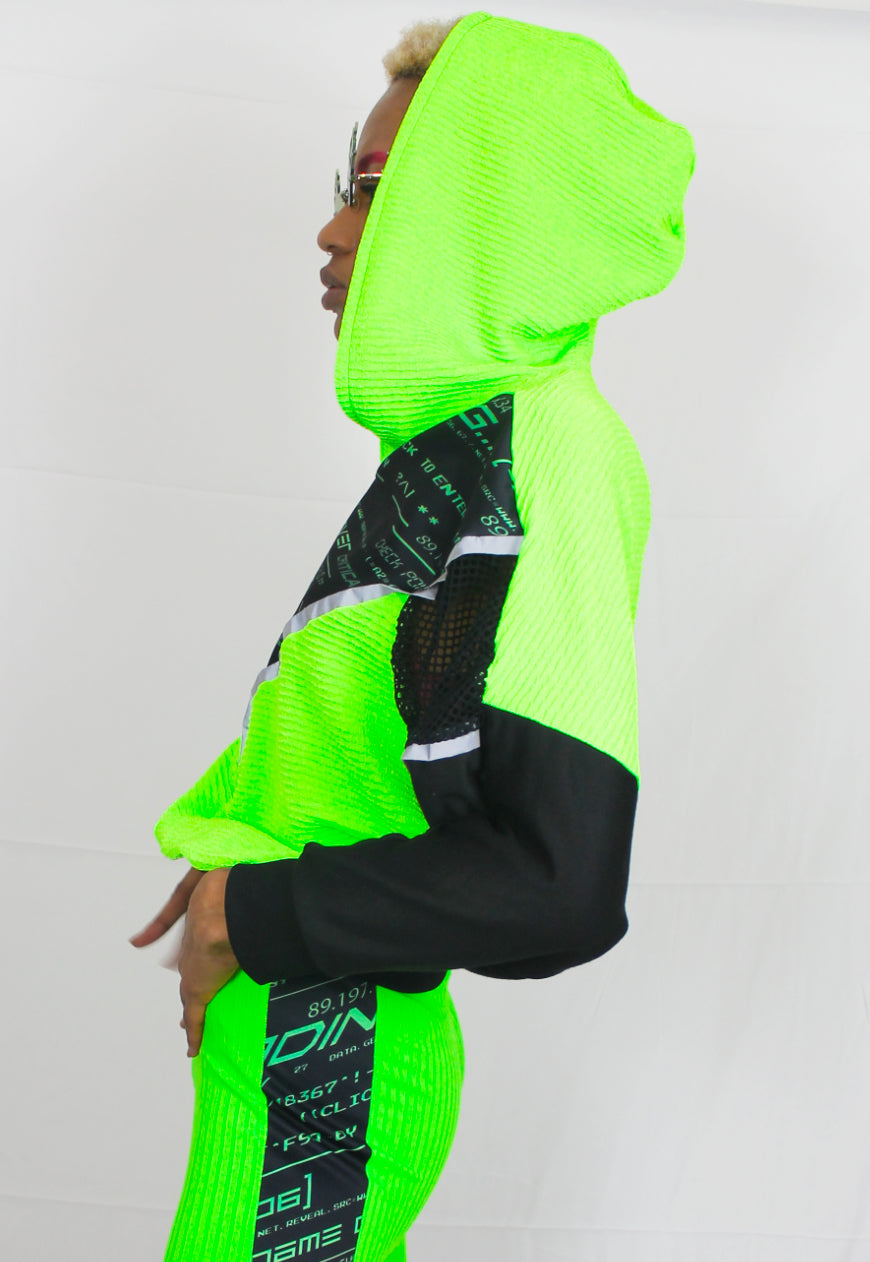 Cyberspace - Neon green Hooded top with Y2K printed panel and reflective piping