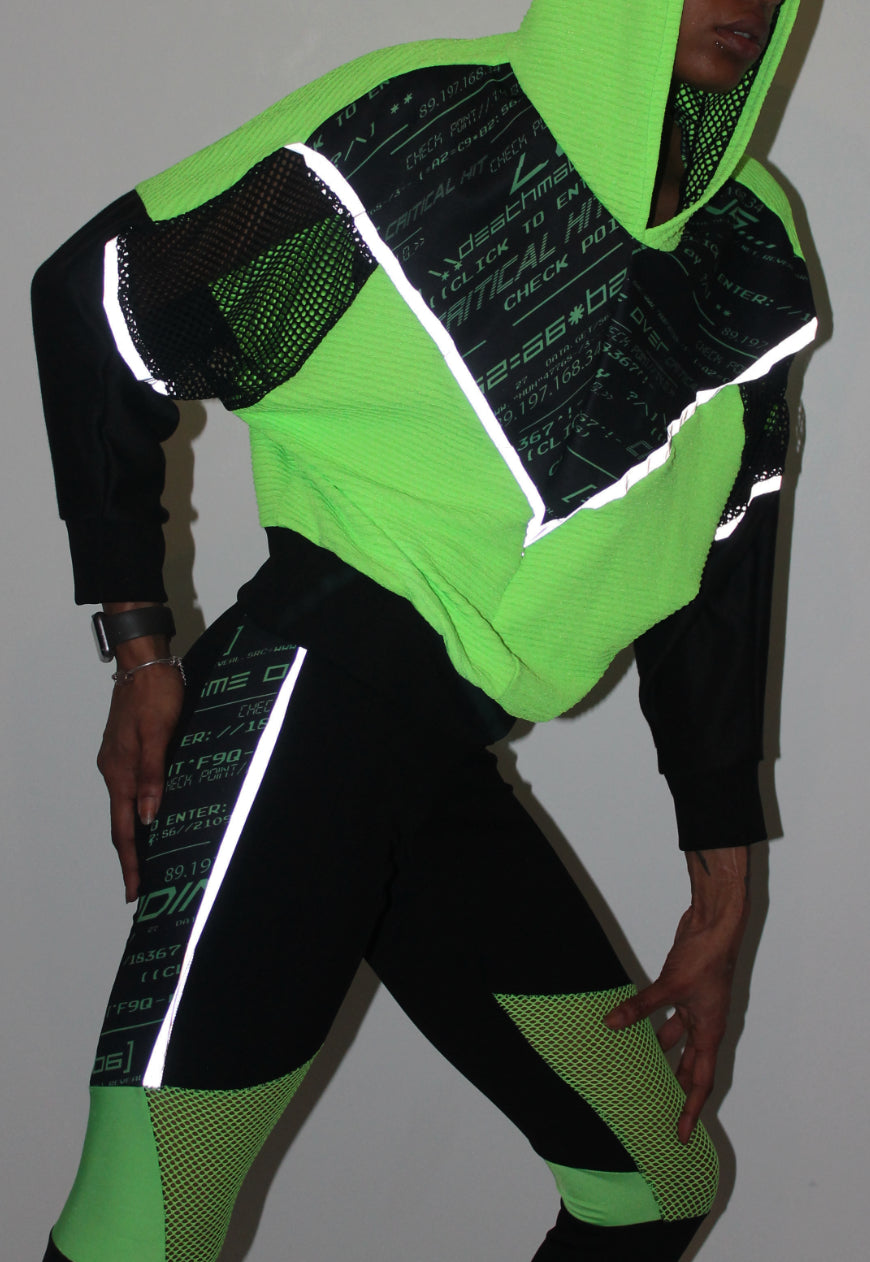 Cyberspace - Neon green Hooded top with Y2K printed panel and reflective piping
