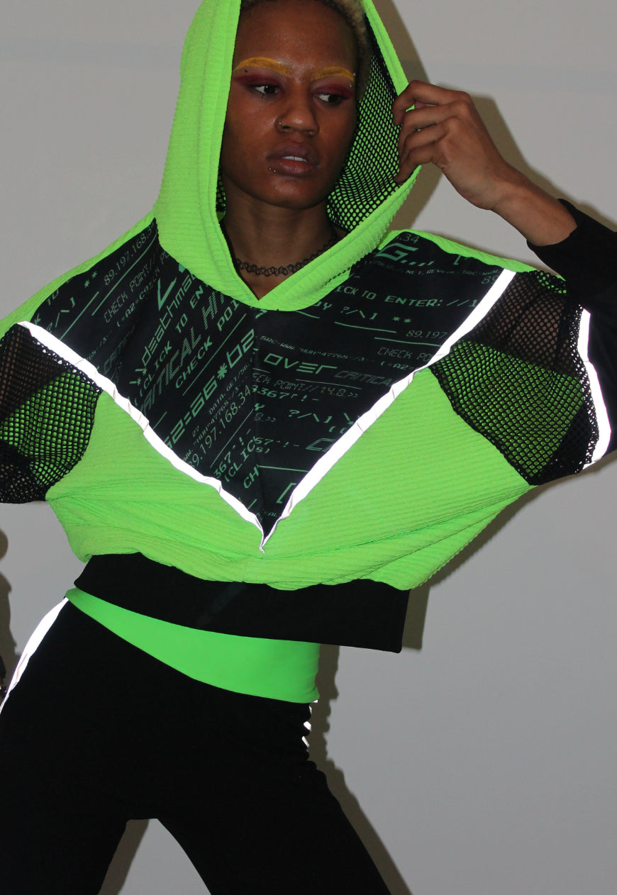 Cyberspace - Neon green Hooded top with Y2K printed panel and reflective piping