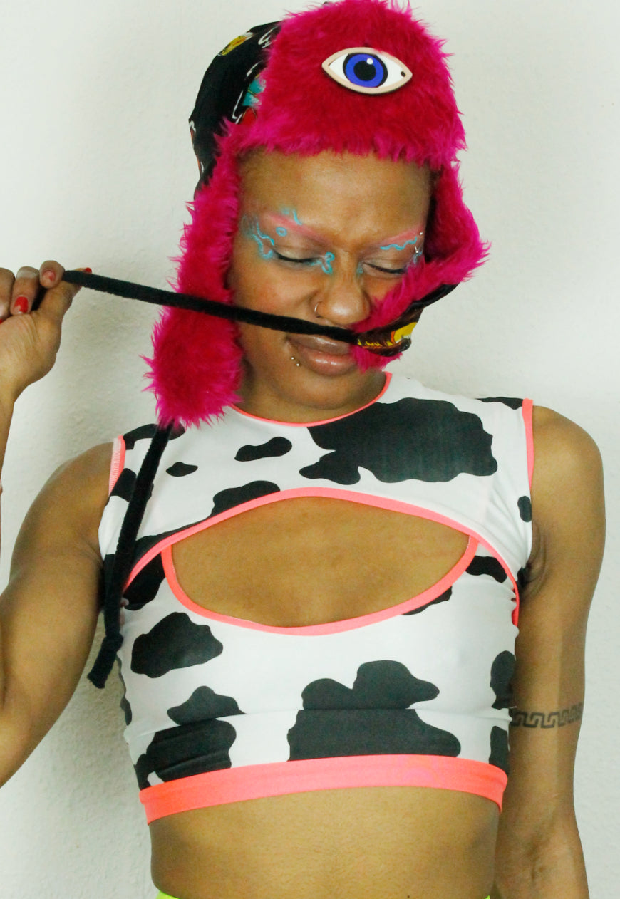 DAIRY QUEEN Cow print peekaboo crop top with neon trim