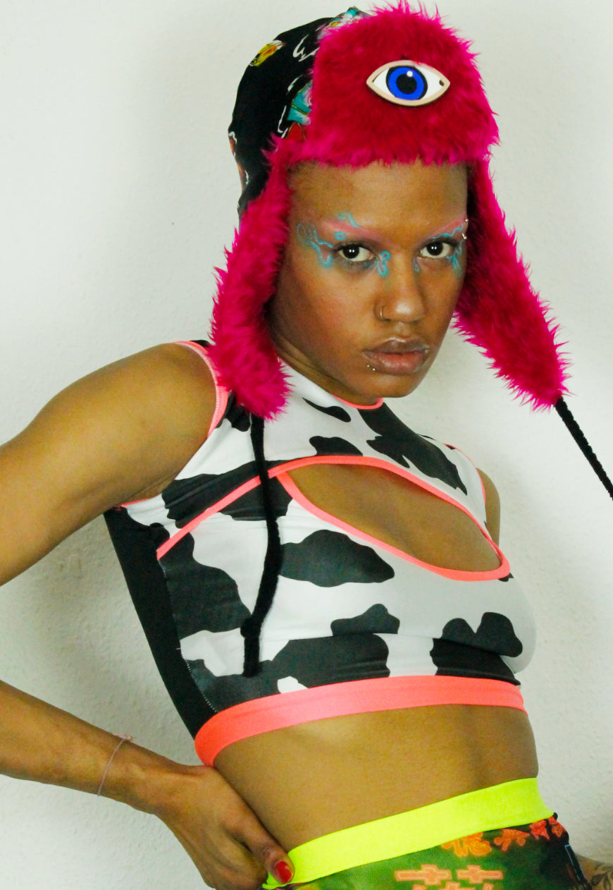 DAIRY QUEEN Cow print peekaboo crop top with neon trim