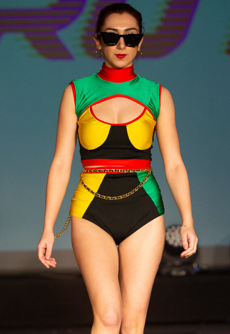 BADGAL Red Gold and green colour block peekaboo crop top
