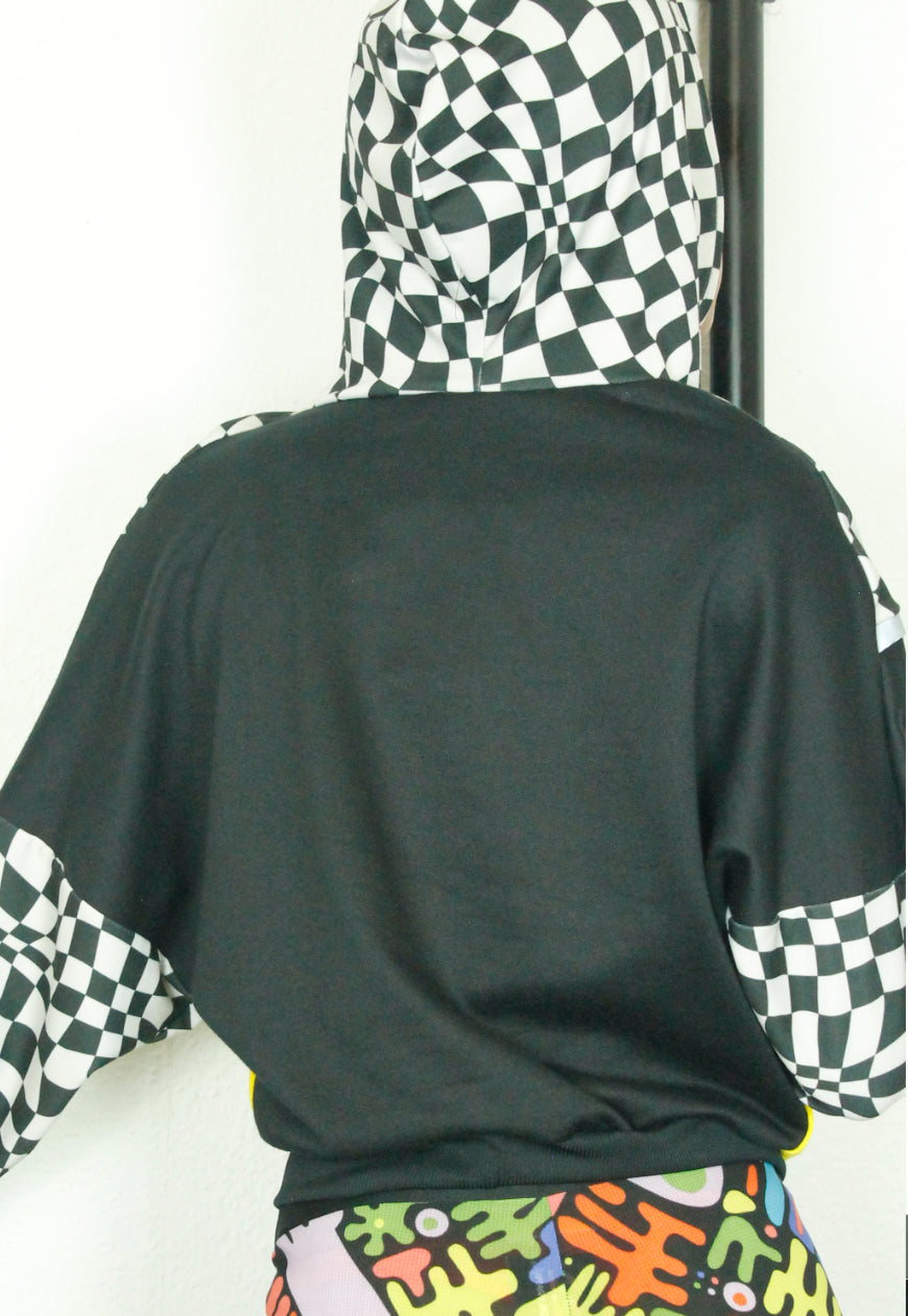 DOPAMINE Checkerboard and yellow batwing hoodie with 90’s smile detail
