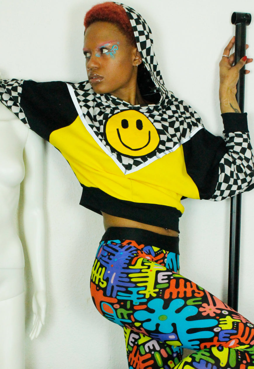 DOPAMINE Checkerboard and yellow batwing hoodie with 90’s smile detail