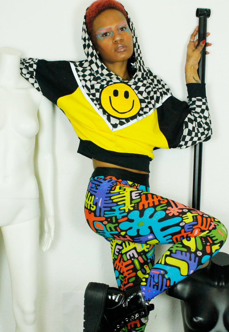 DOPAMINE Checkerboard and yellow batwing hoodie with 90’s smile detail