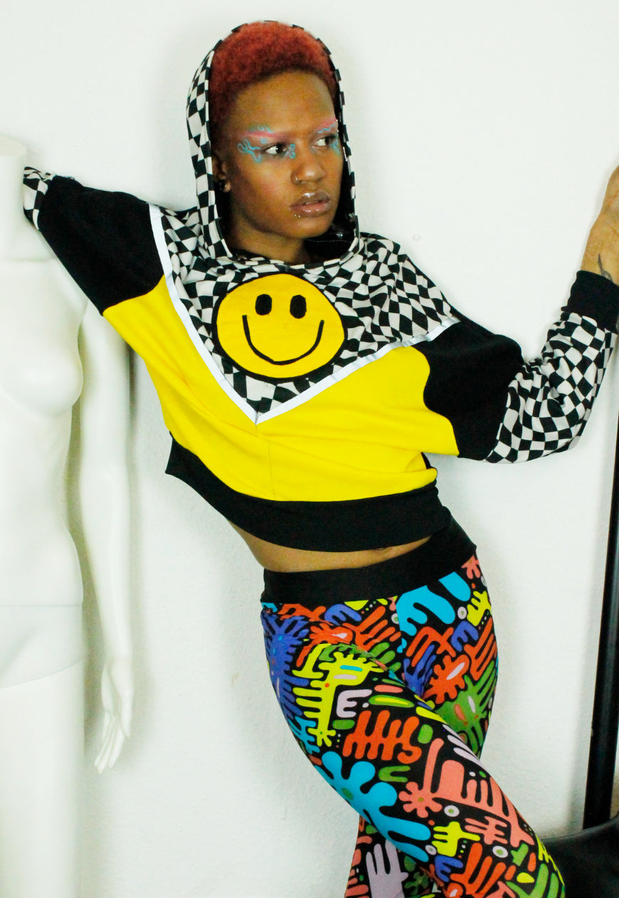 DOPAMINE Checkerboard and yellow batwing hoodie with 90’s smile detail