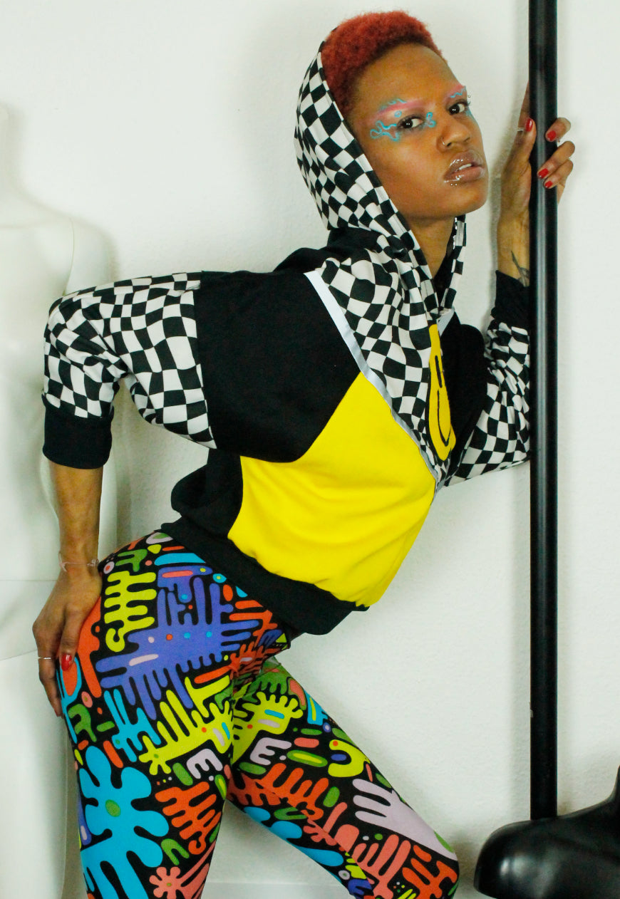 DOPAMINE Checkerboard and yellow batwing hoodie with 90’s smile detail