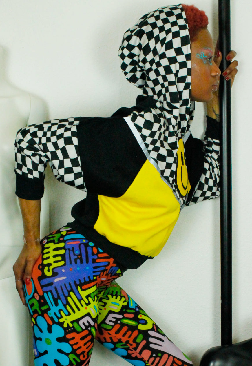 DOPAMINE Checkerboard and yellow batwing hoodie with 90’s smile detail