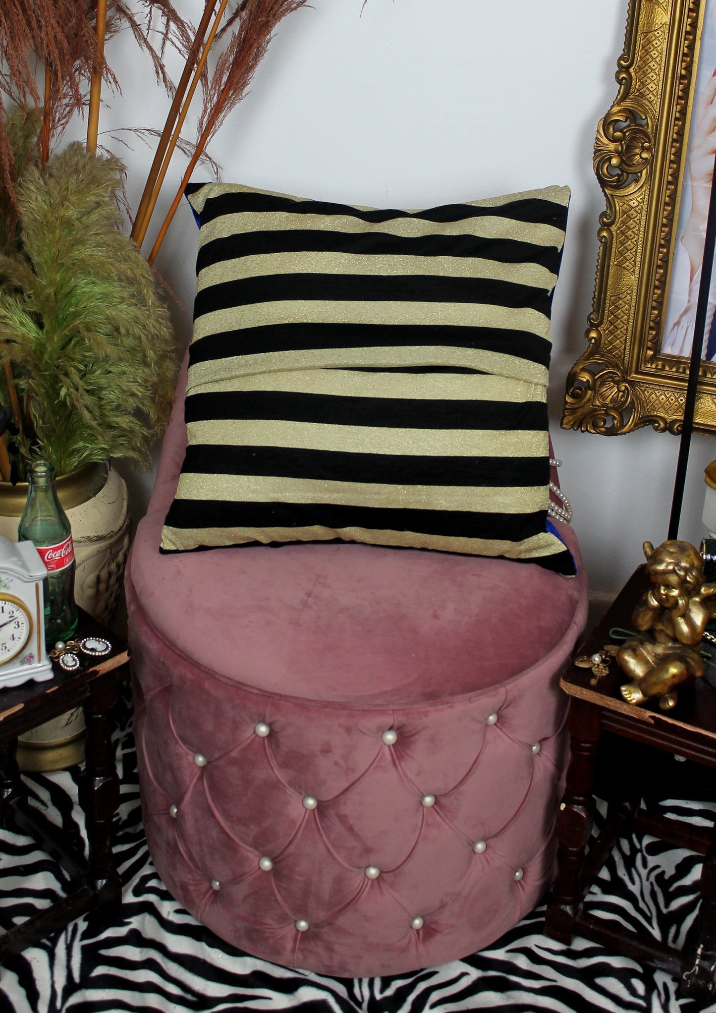Trust Fund - handmade decorative throw cushion with gold dollar in black and gold with blue velvet trim