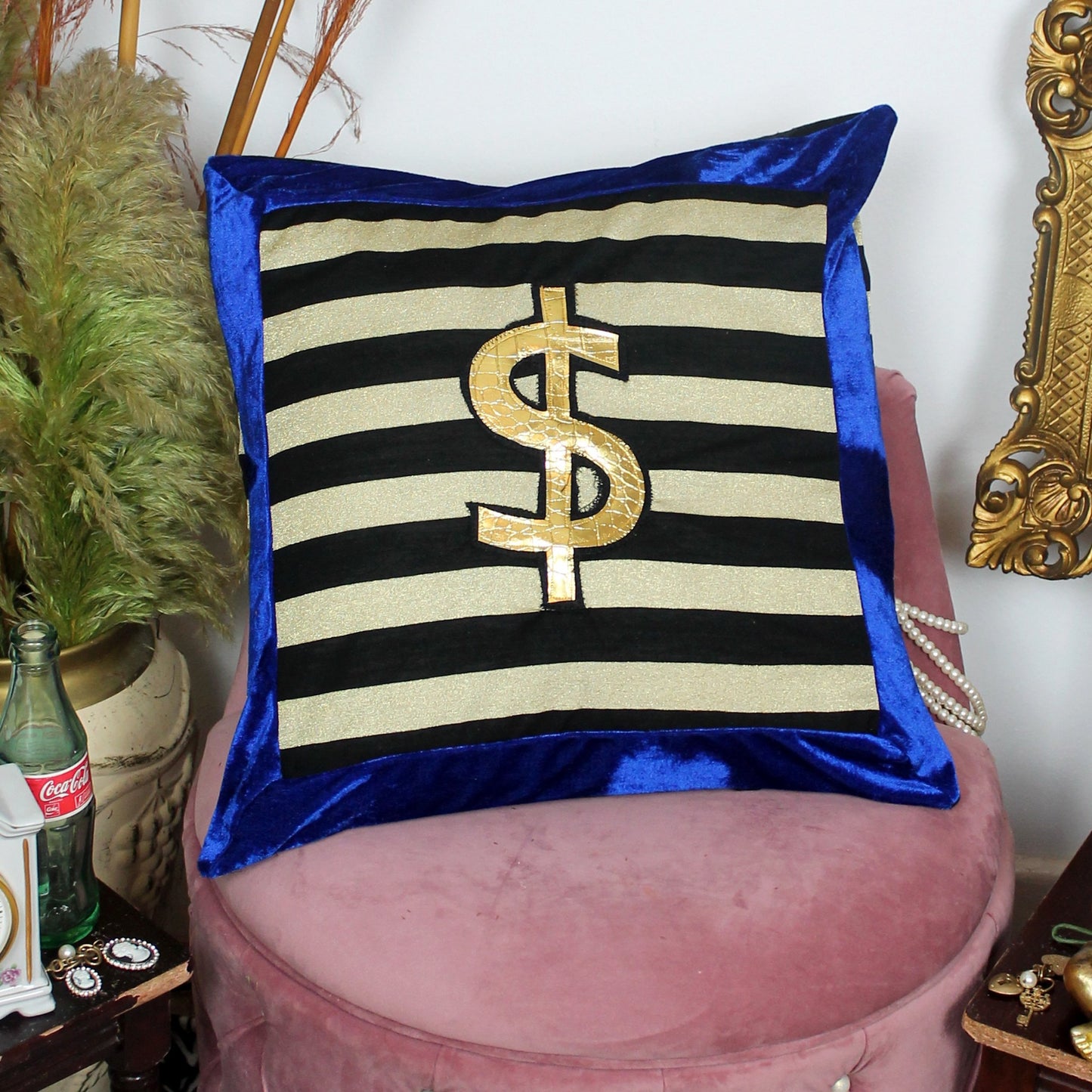 Trust Fund - handmade decorative throw cushion with gold dollar in black and gold with blue velvet trim