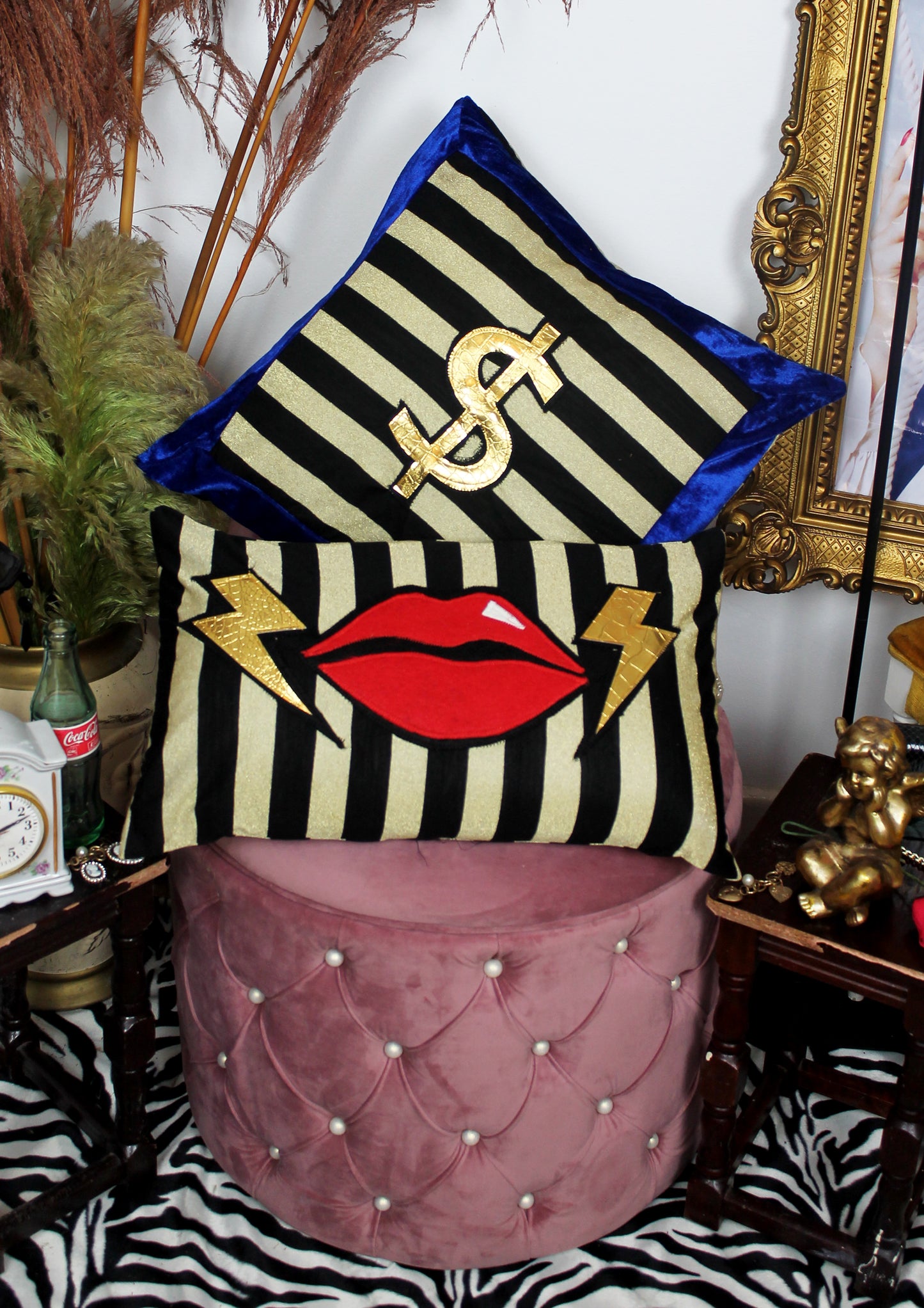 Trust Fund - handmade decorative throw cushion with gold dollar in black and gold with blue velvet trim