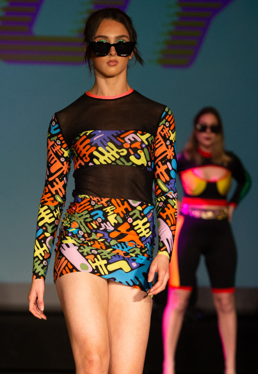EUPHORIA Multicolour blue and Neon abstract graphic 90’s print bodycon dress