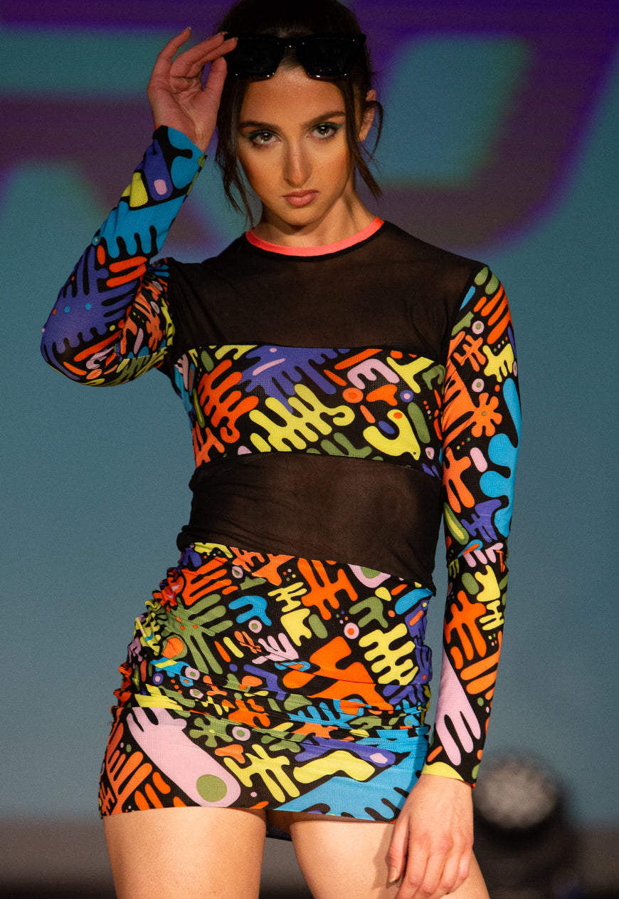 EUPHORIA Multicolour blue and Neon abstract graphic 90’s print bodycon dress