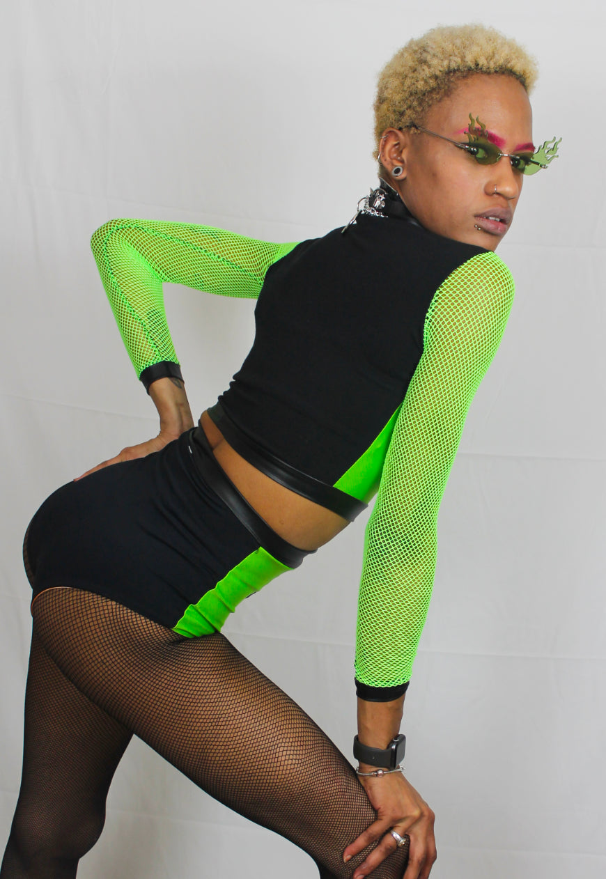 Extra Terrestrial - Neon green hot pants and crop top co-ord with UV alien