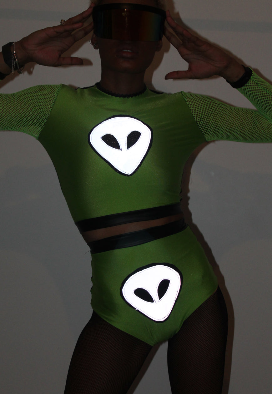 Extra Terrestrial - Neon green hot pants and crop top co-ord with UV alien