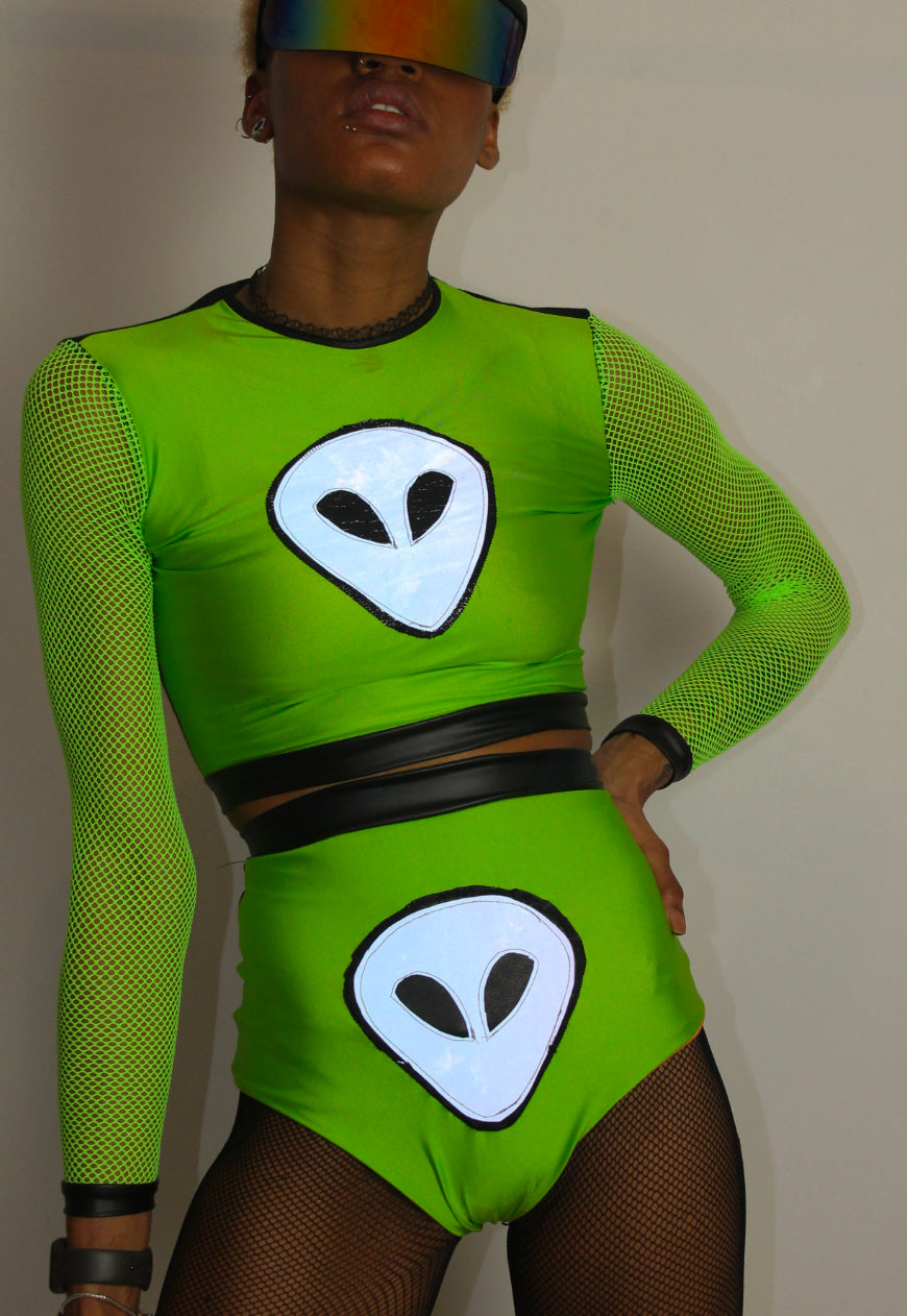 Extra Terrestrial - Neon green hot pants and crop top co-ord with UV alien