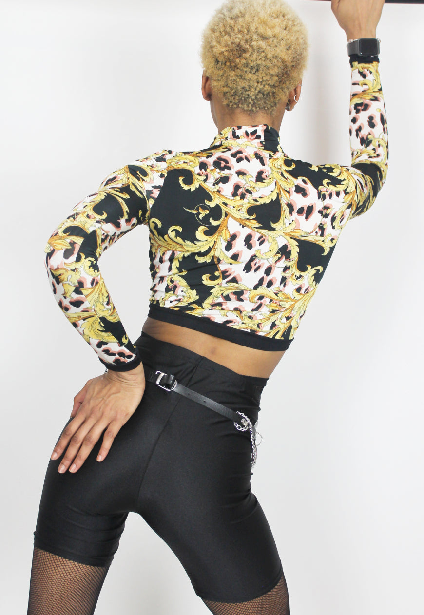Baroque - Long-sleeved crop top in baroque print with mesh front