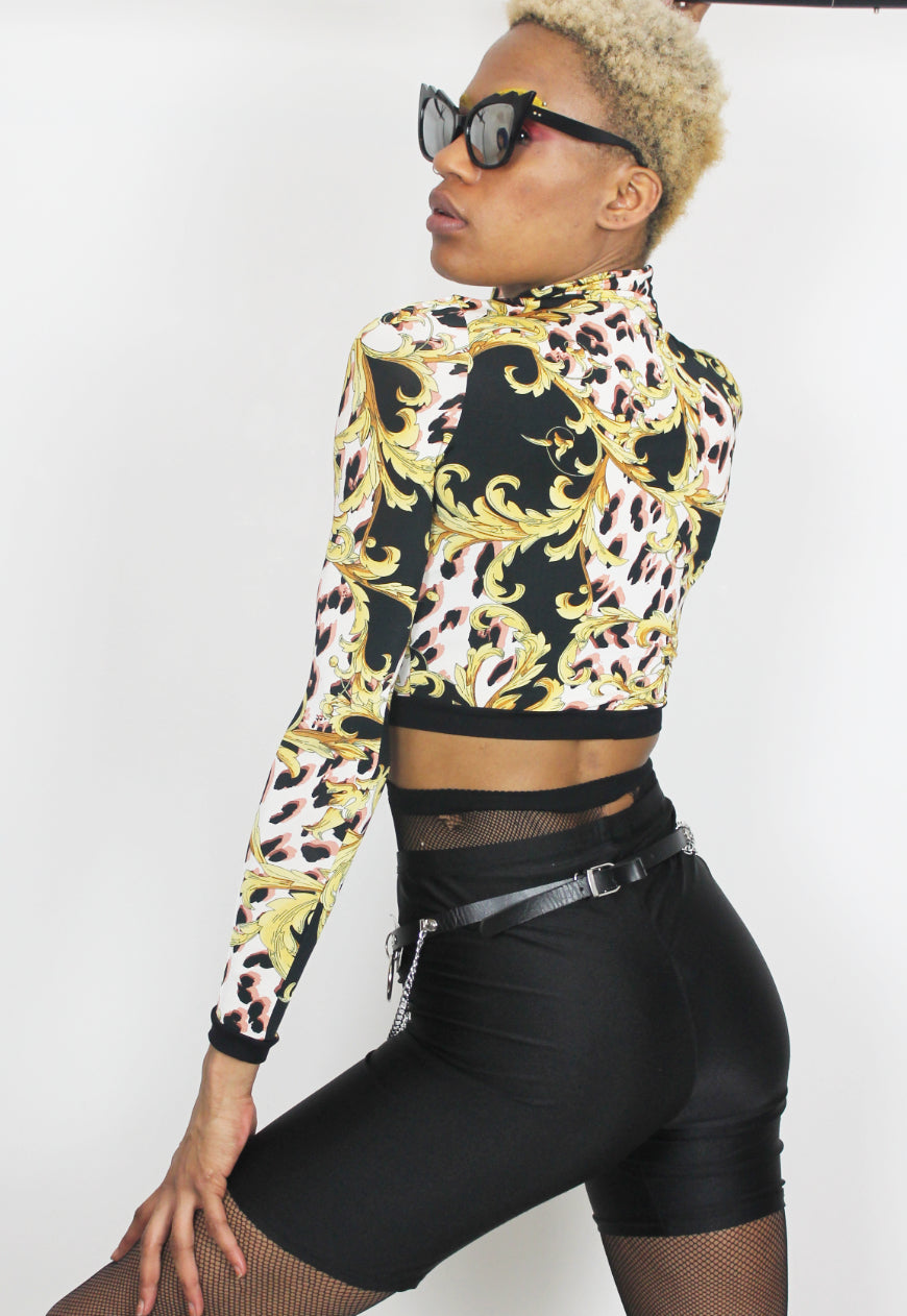 Baroque - Long-sleeved crop top in baroque print with mesh front