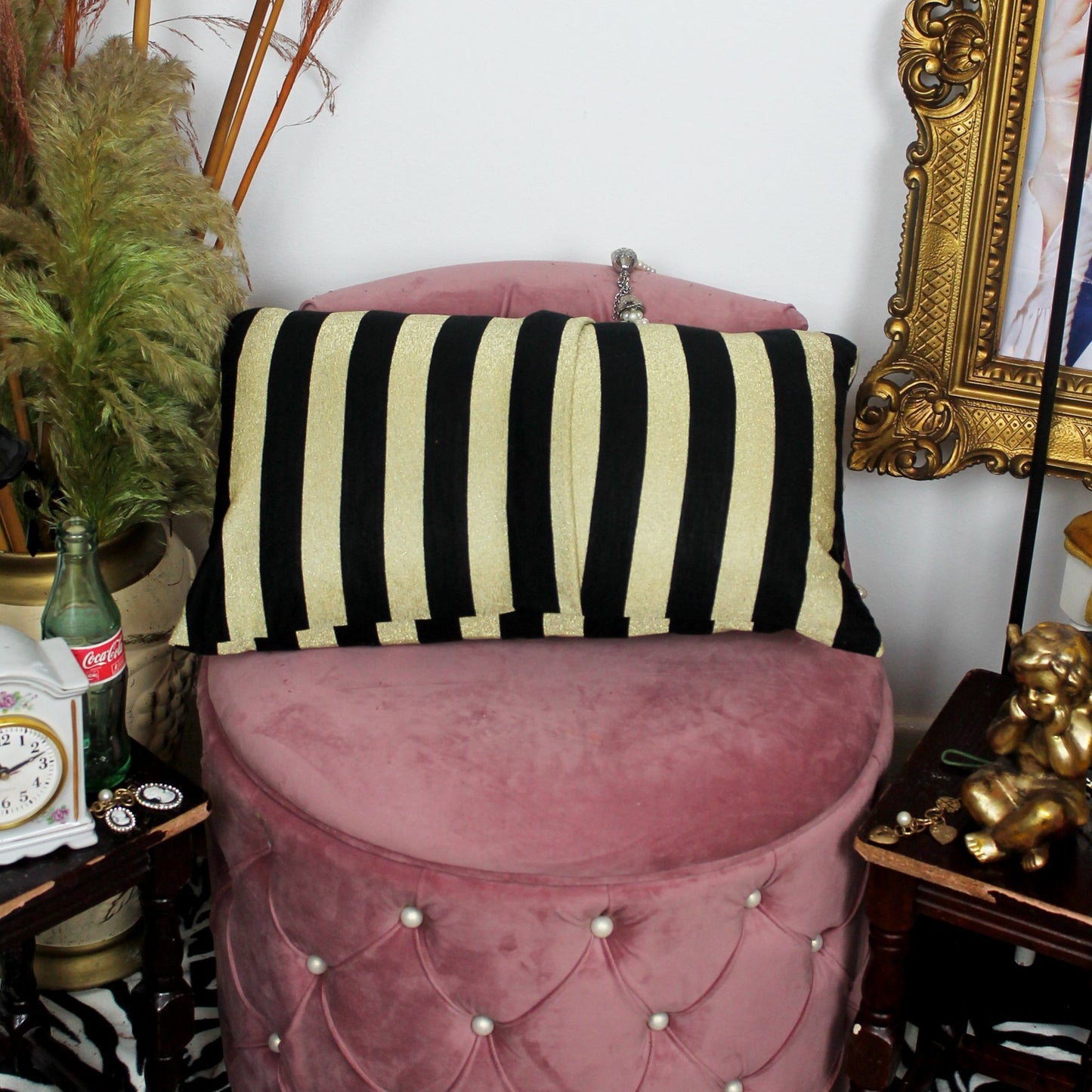 Electric Kisses - Black and gold decorative bolster cushion with red lips