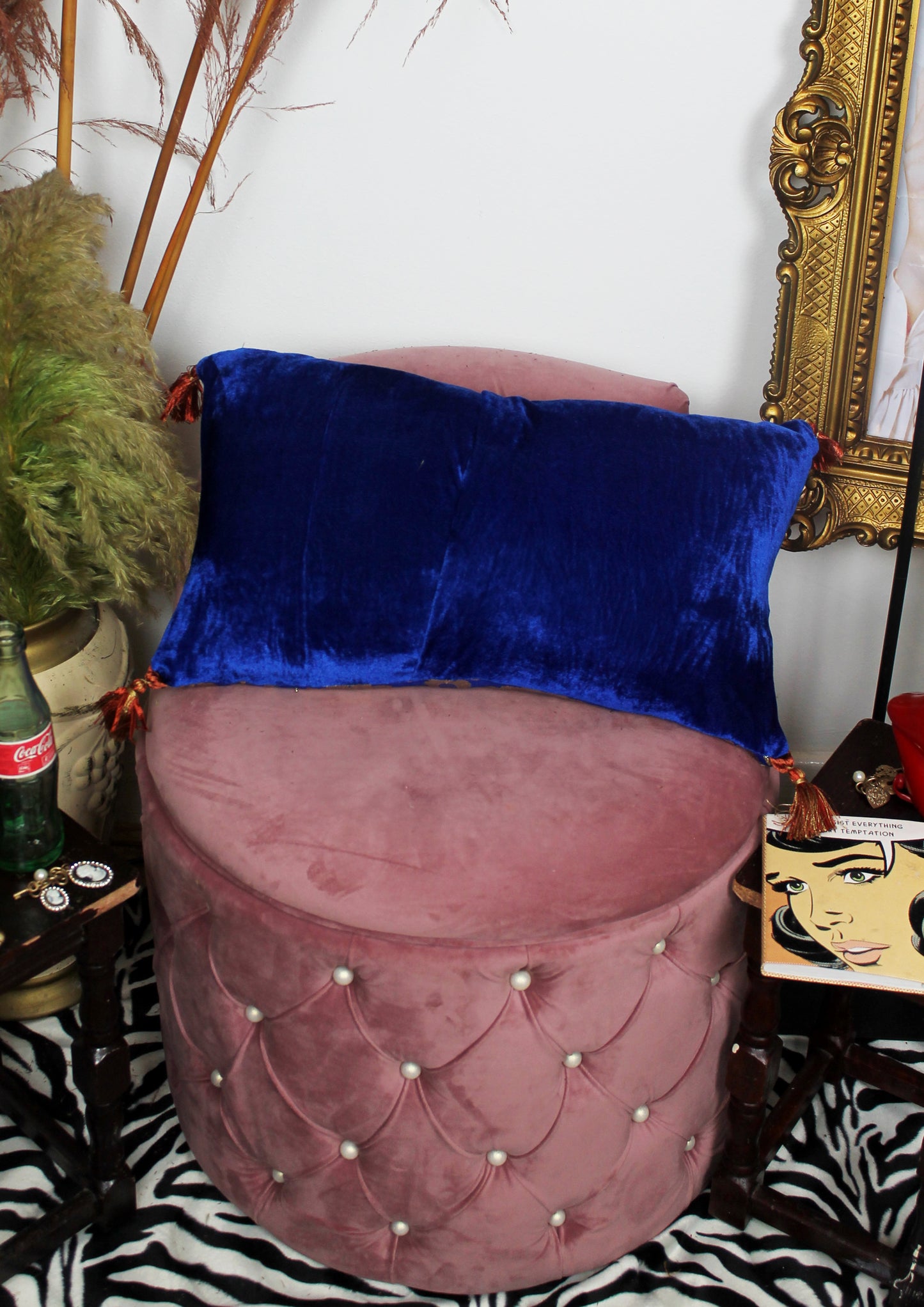 Eye For An Eye - handmade decorative throw cushion with eye appliqué in gold and blue baroque fabric.
