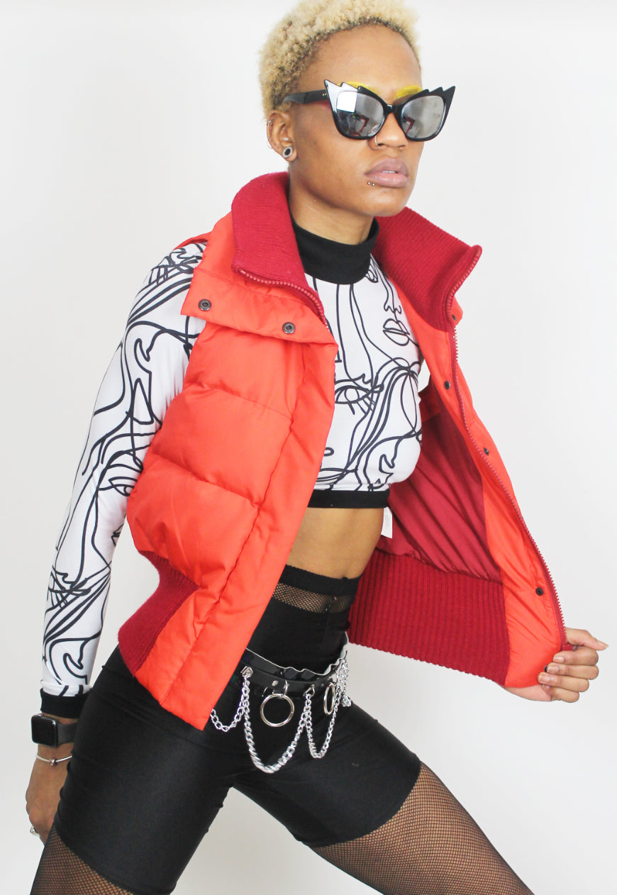 Face Off - Long sleeved white crop top with abstract face print