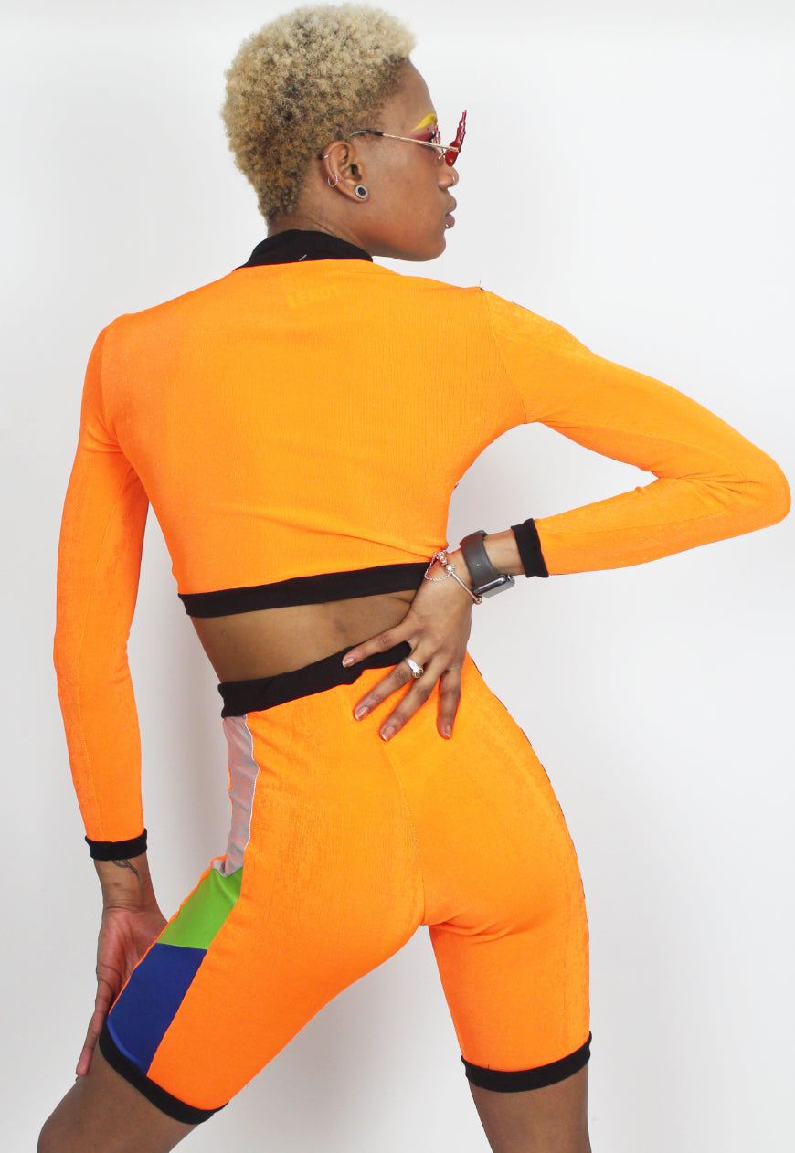Fast Lane - Orange, Blue and Checkerboard Colour block Crop Top