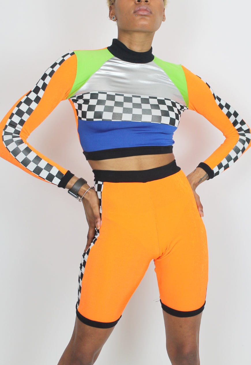 Fast Lane - Orange, Blue and Checkerboard Colour block Crop Top