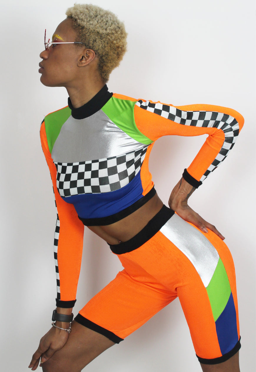 Rush Hour - Orange and checker board panel cycling shorts