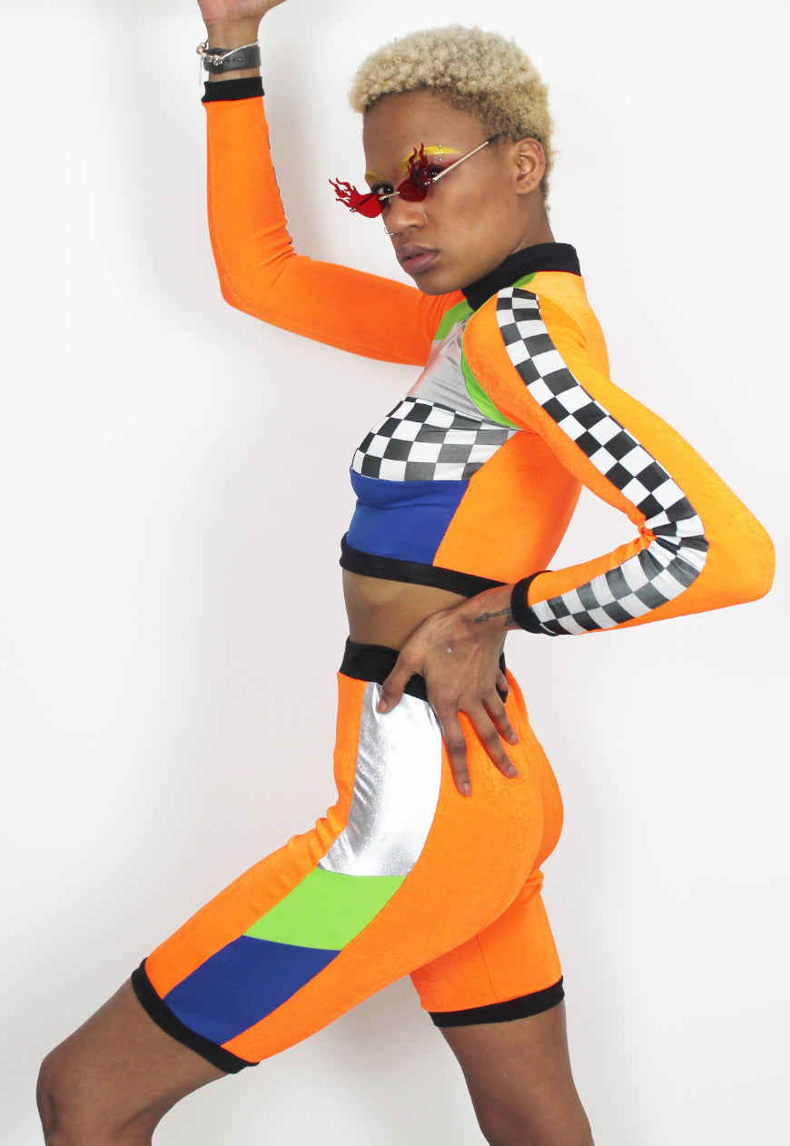 Fast Lane - Orange, Blue and Checkerboard Colour block Crop Top