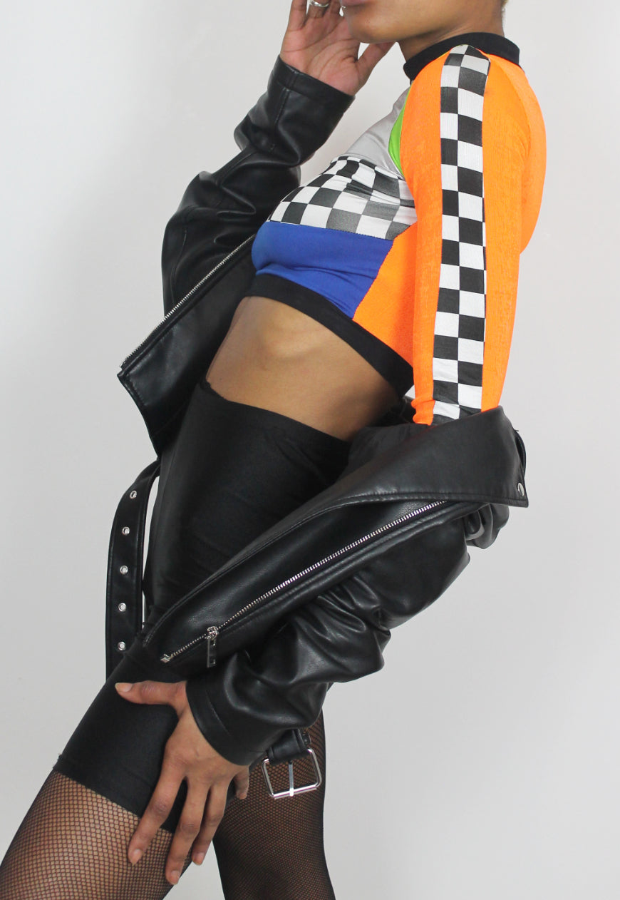 Fast Lane - Orange, Blue and Checkerboard Colour block Crop Top