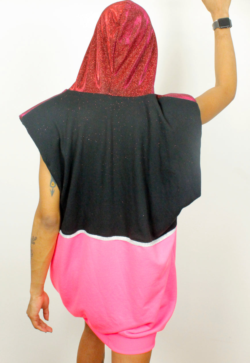 Firestarter- Oversized Flame applique black hooded sweater dress with Glitter hood.