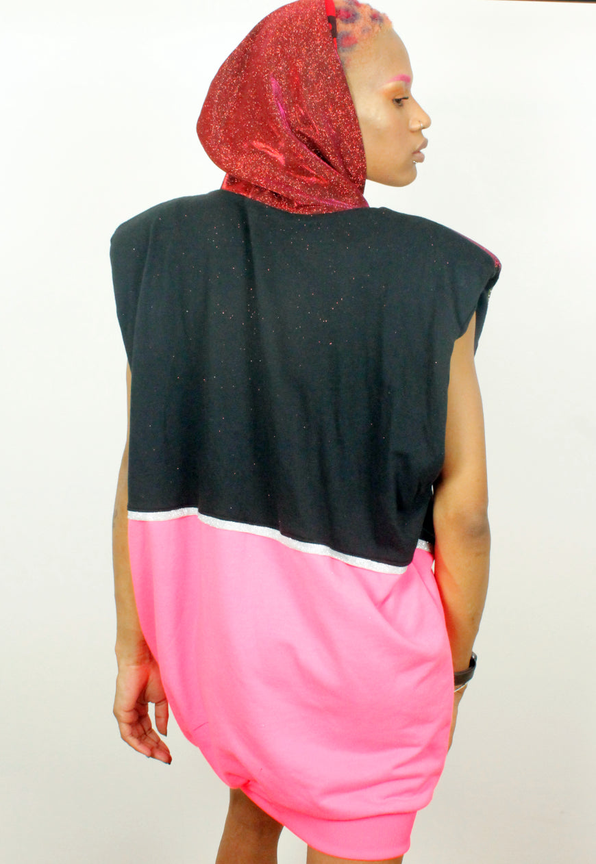 Firestarter- Oversized Flame applique black hooded sweater dress with Glitter hood.