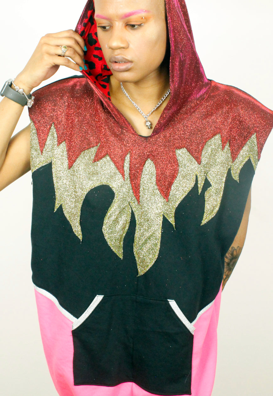 Firestarter- Oversized Flame applique black hooded sweater dress with Glitter hood.