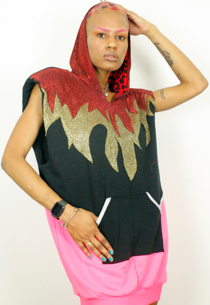 Firestarter- Oversized Flame applique black hooded sweater dress with Glitter hood.