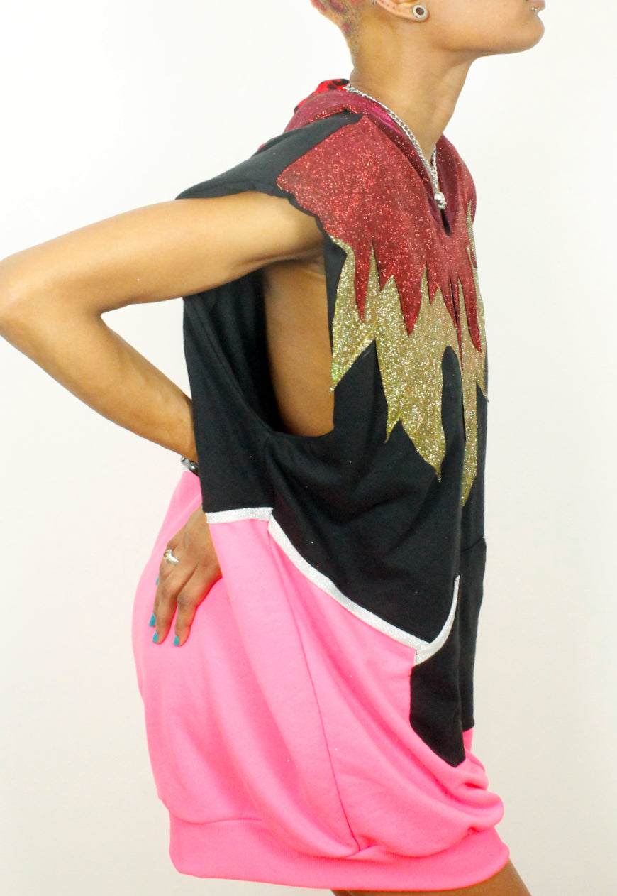 Firestarter- Oversized Flame applique black hooded sweater dress with Glitter hood.