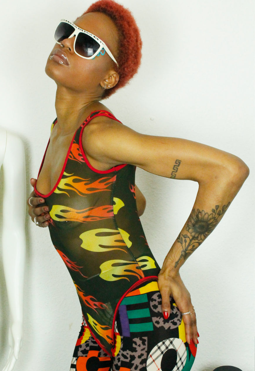 FLAMETHROWER Flame print mesh bodysuit