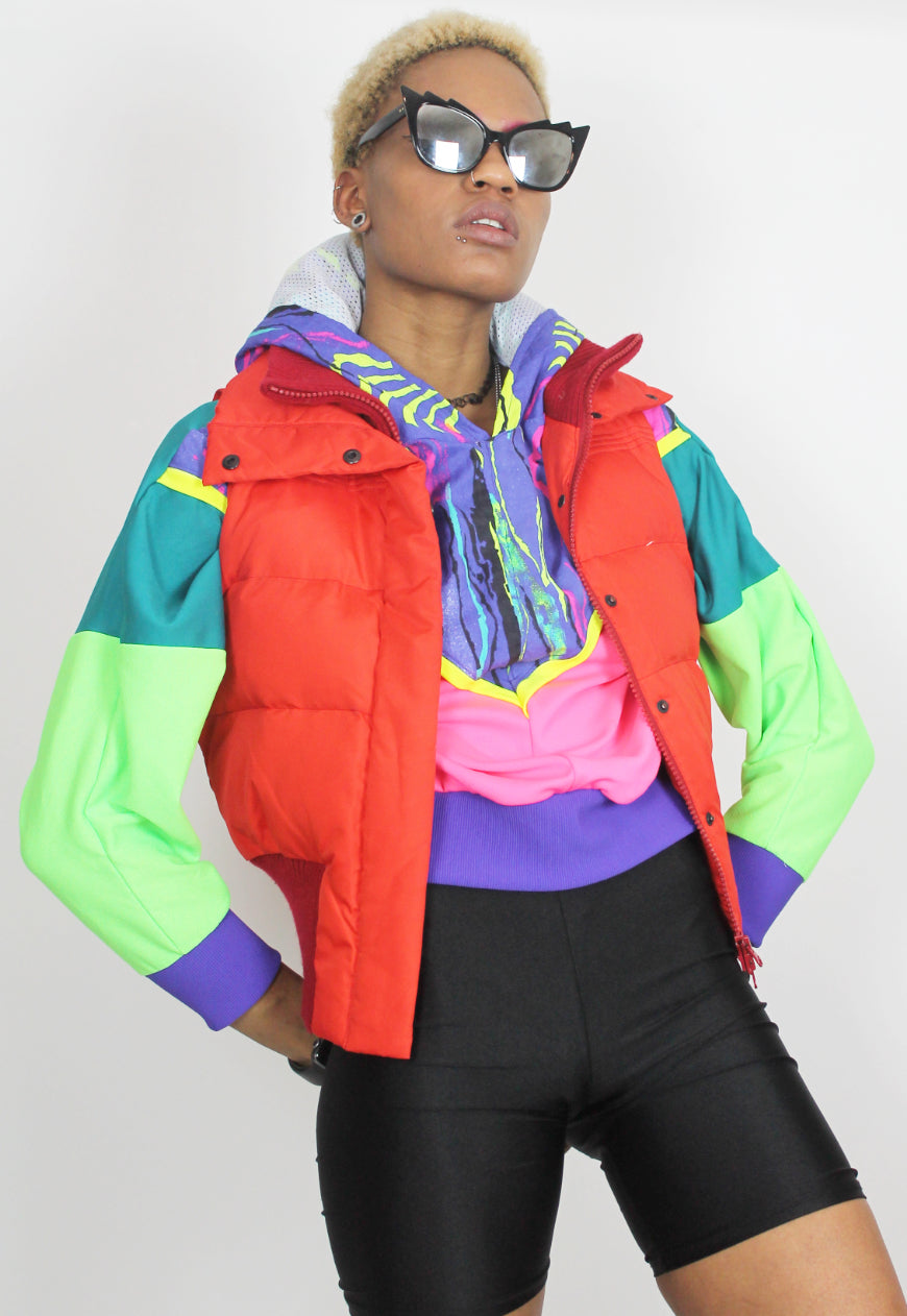 Fluorescent Adolescent - Neon colour block Hooded top with 80's print panel