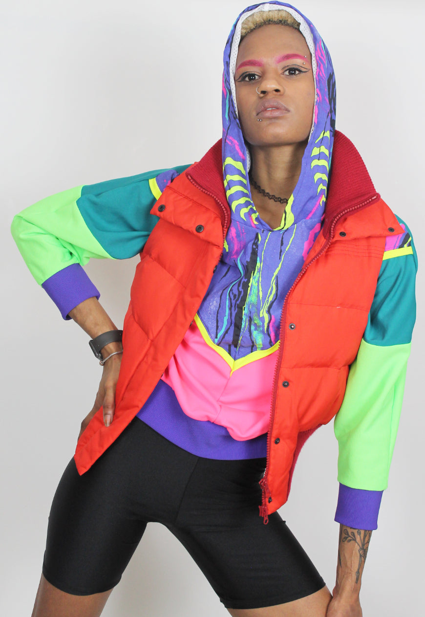 Fluorescent Adolescent - Neon colour block Hooded top with 80's print panel