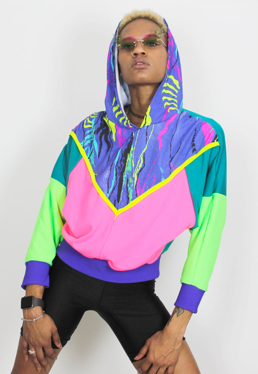 Fluorescent Adolescent - Neon colour block Hooded top with 80's print panel