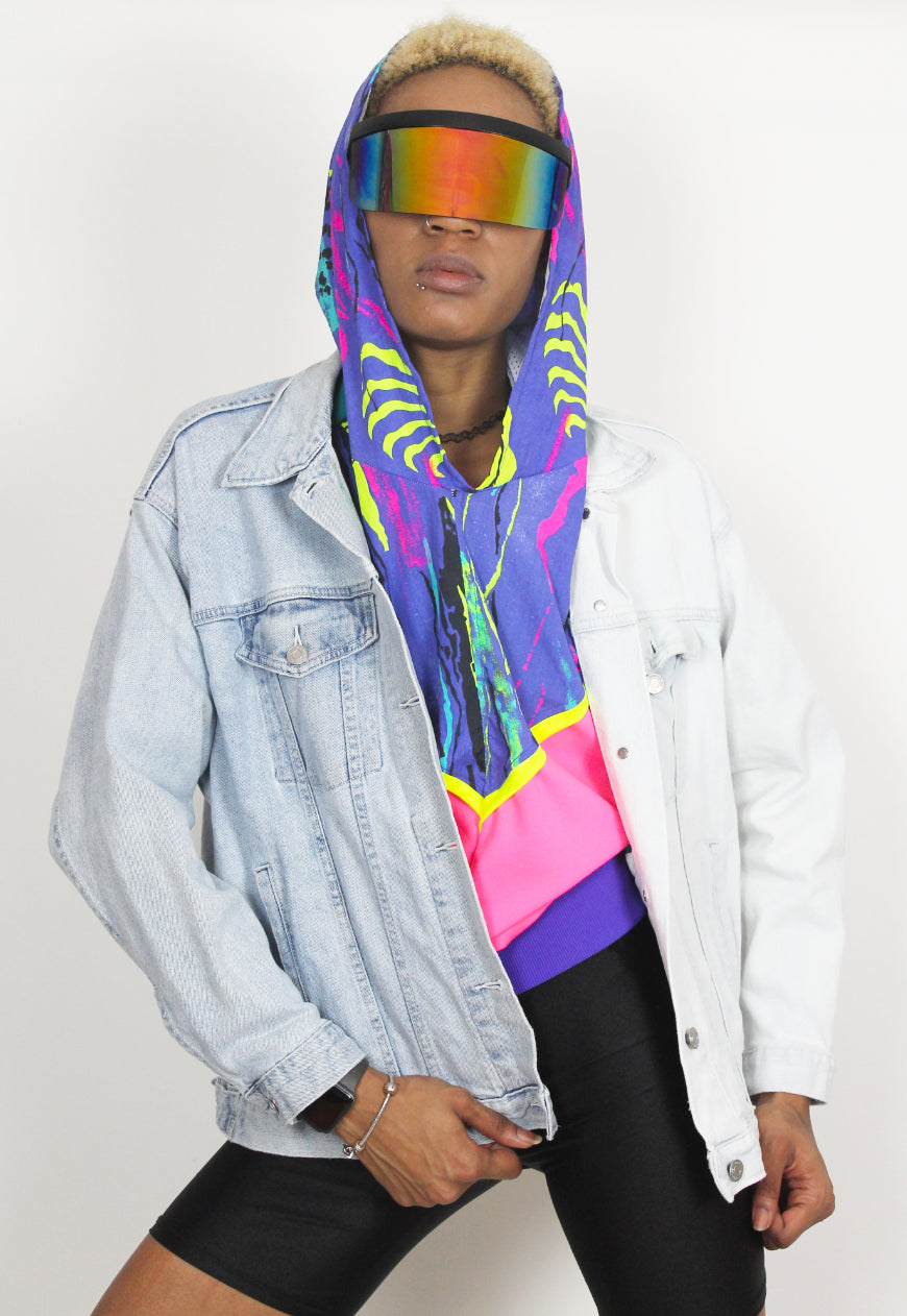 Fluorescent Adolescent - Neon colour block Hooded top with 80's print panel