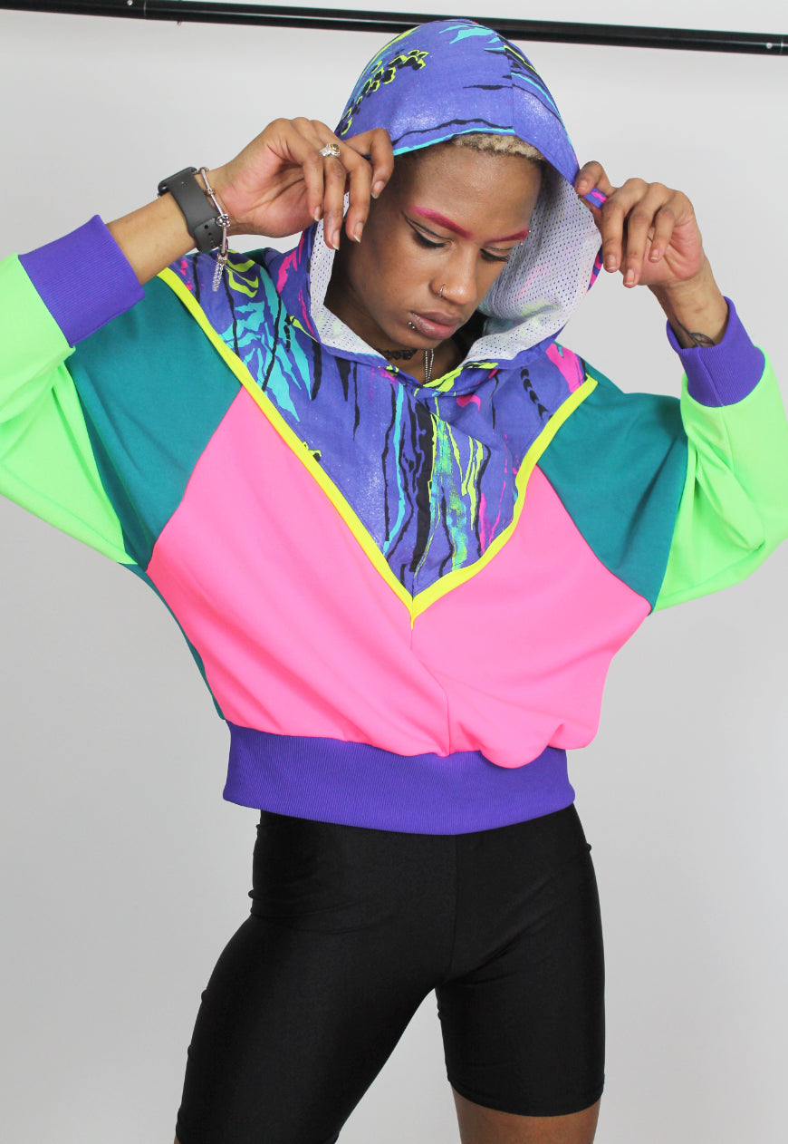 Fluorescent Adolescent - Neon colour block Hooded top with 80's print panel