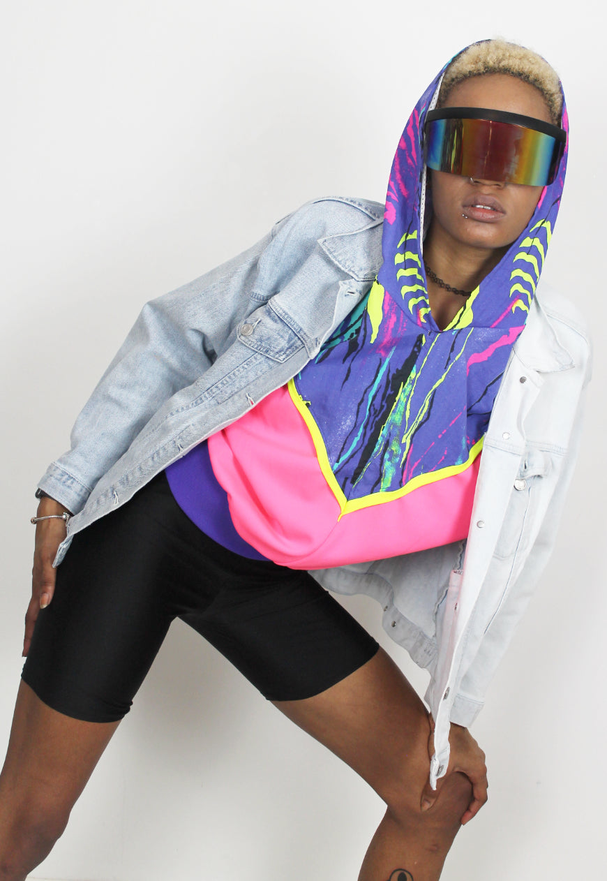 Fluorescent Adolescent - Neon colour block Hooded top with 80's print panel