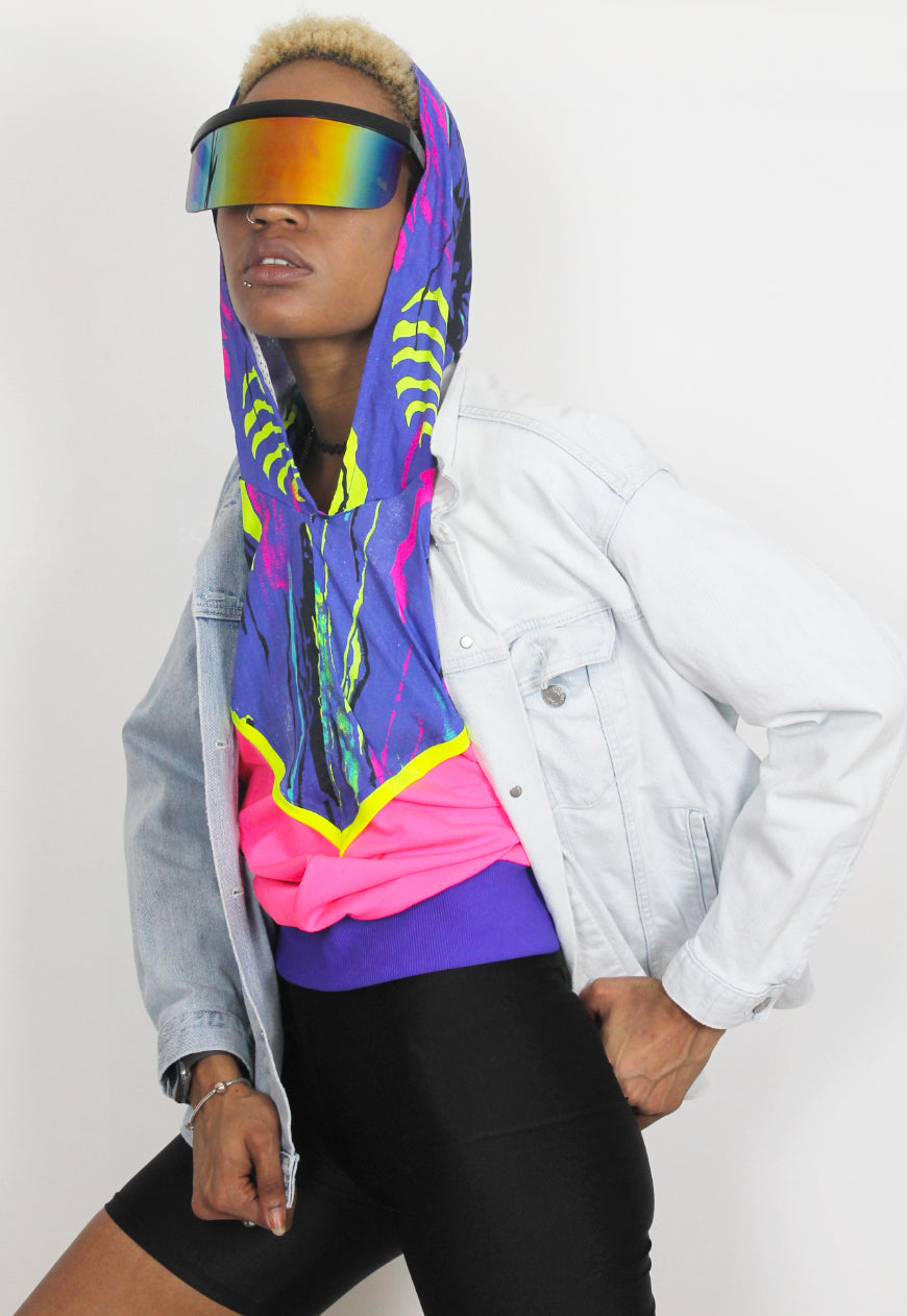 Fluorescent Adolescent - Neon colour block Hooded top with 80's print panel