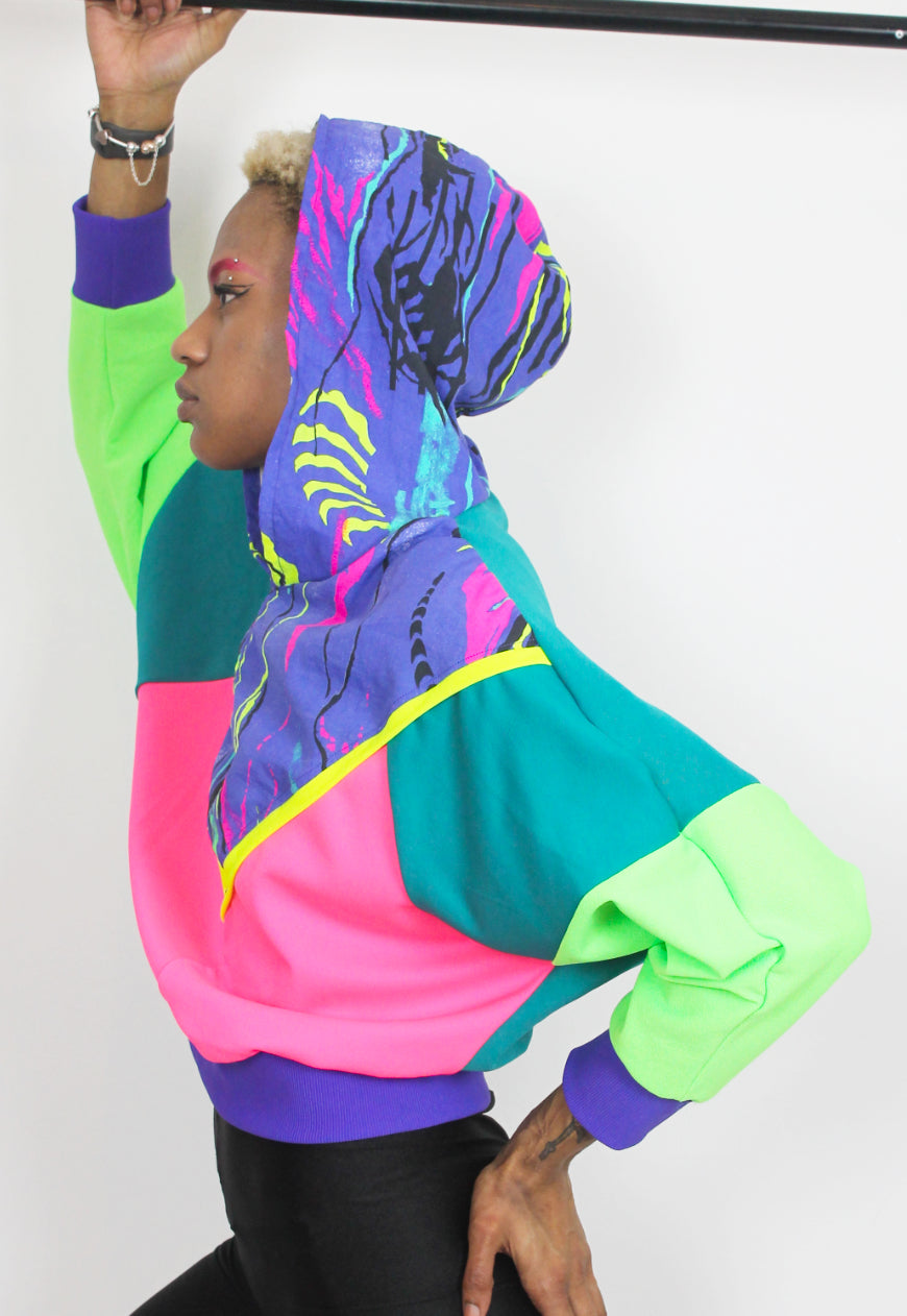 Fluorescent Adolescent - Neon colour block Hooded top with 80's print panel