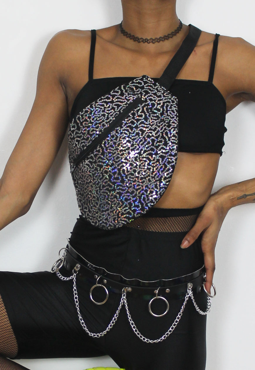 Glitterati - Oversized black and silver Glitter bumbag